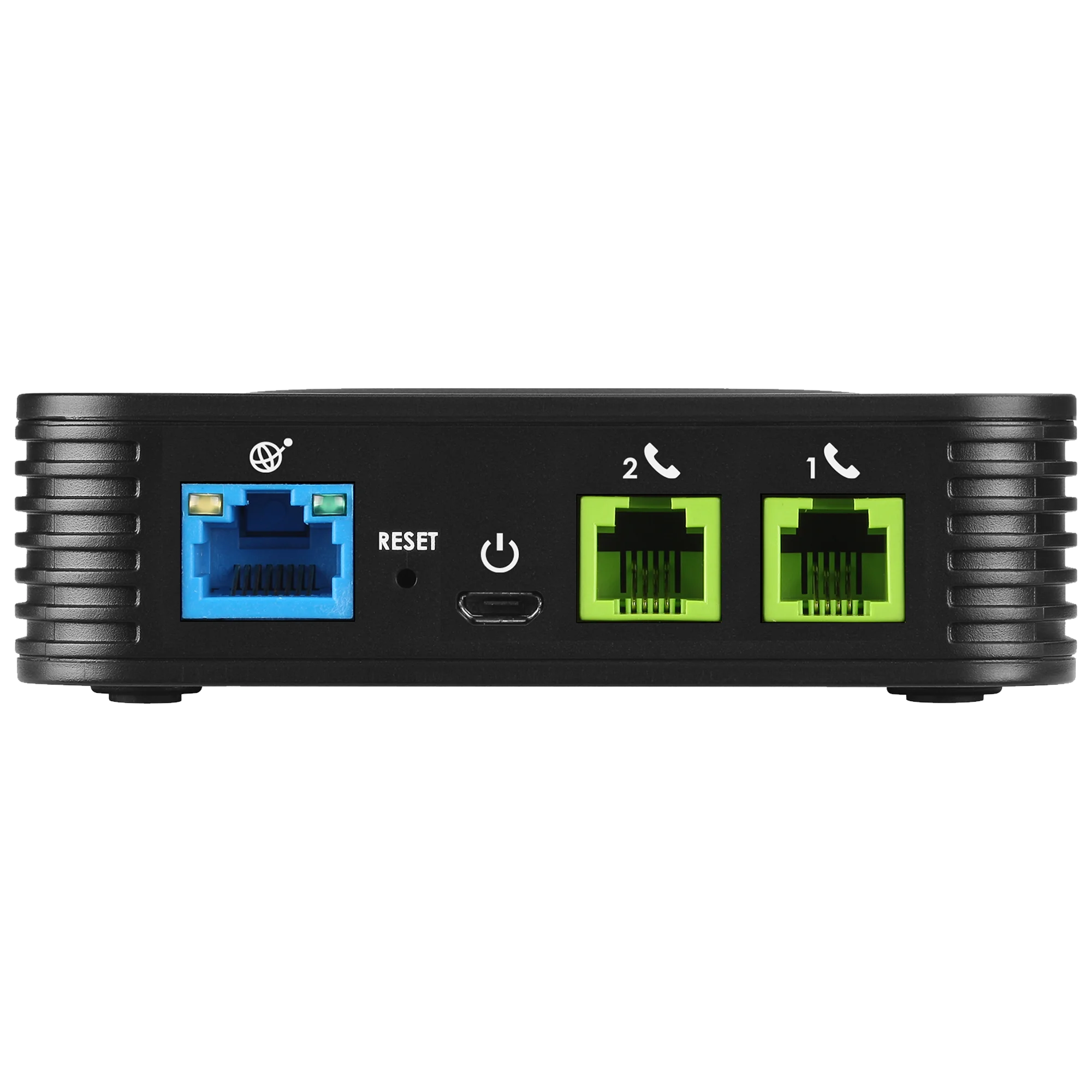Vista trasera del adaptador de telefonía IP Grandstream HT802, mostrando un puerto Ethernet WAN (azul), dos puertos para líneas telefónicas (verde), un botón de reinicio, y el conector de alimentación.