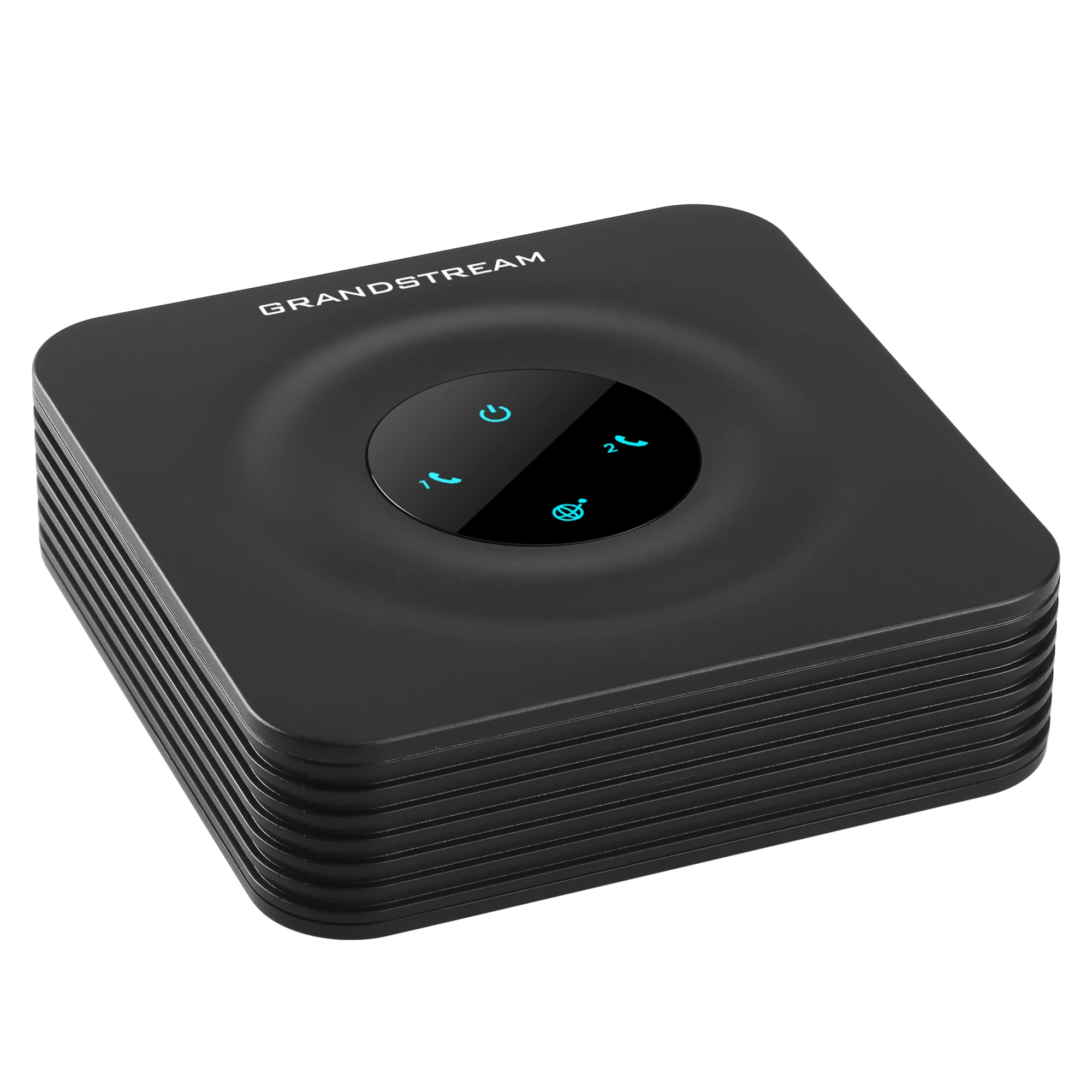 Adaptador de telefonía IP Grandstream HT802, en color negro, diseñado para conectar teléfonos analógicos a redes VoIP