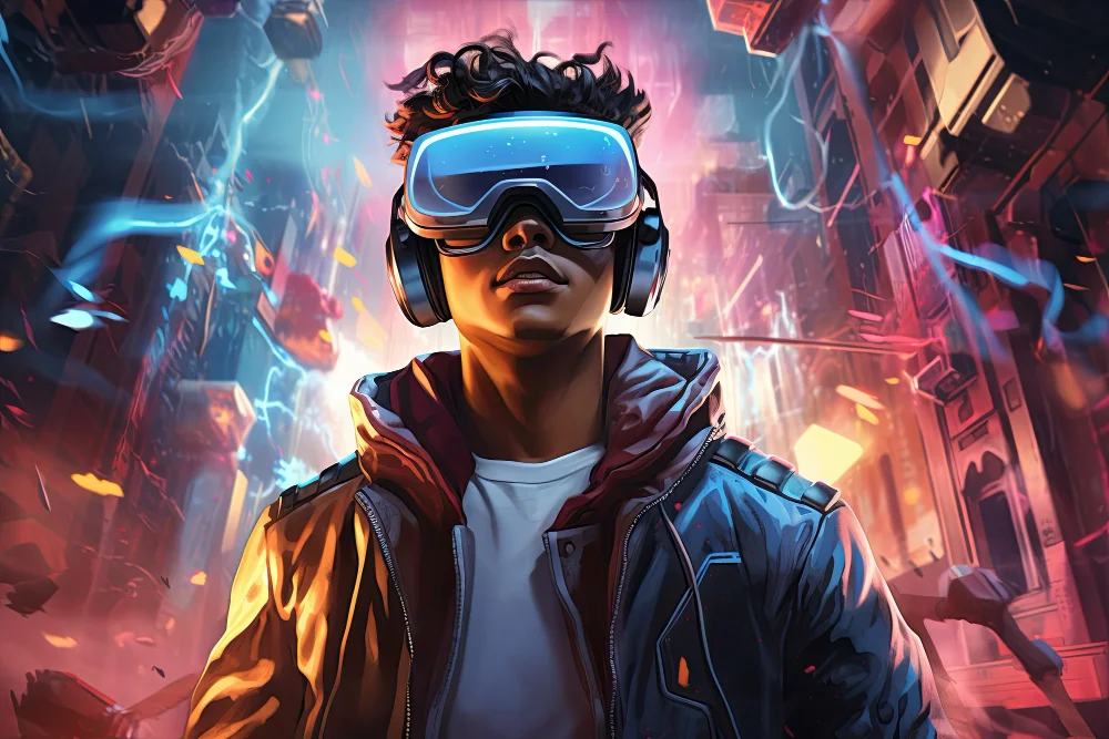 Ilustración de un joven con gafas de realidad virtual y auriculares en un entorno futurista, con luces de neón y elementos tecnológicos a su alrededor.