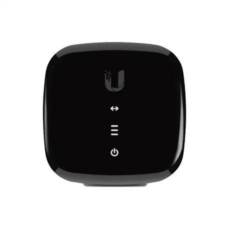 Unidad Ubiquiti UFiber Loco, diseñada para redes de fibra óptica, con un diseño compacto y elegante en color negro, y luces LED indicadoras en la parte frontal para mostrar el estado de la conexión y la actividad.