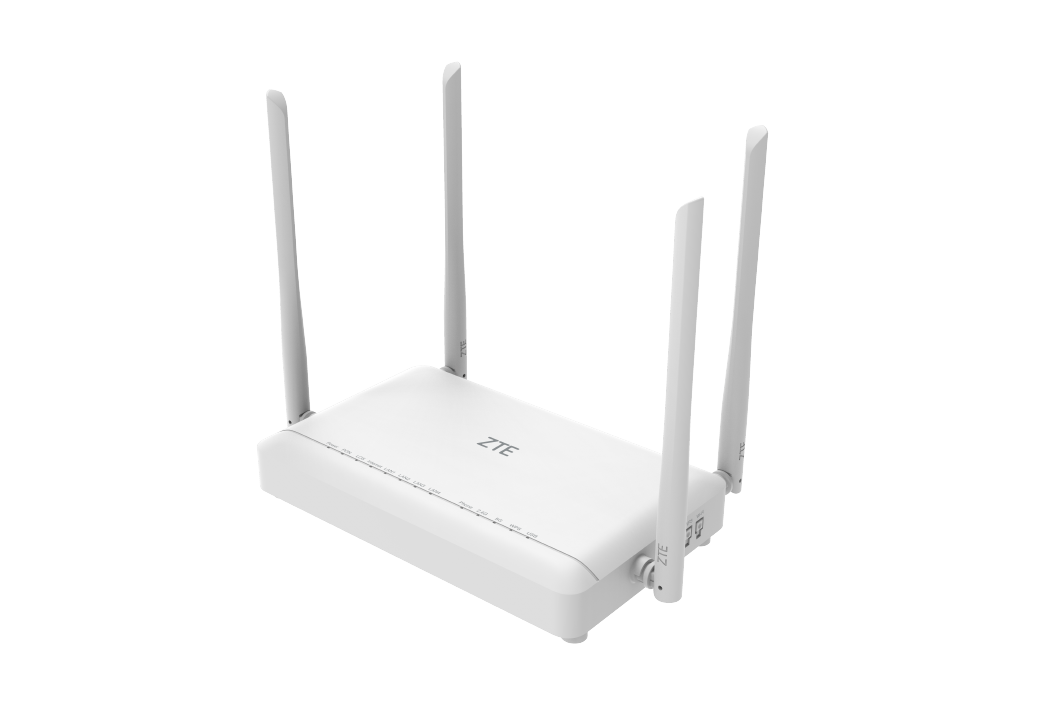 Router ZTE ZXHN F6600P en color blanco, diseñado con cuatro antenas verticales para optimizar la señal inalámbrica, ideal para redes de alta velocidad y conexión estable.