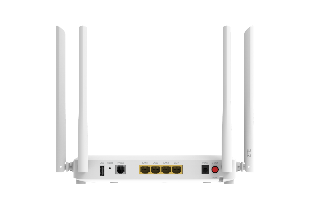 Vista posterior del router ZTE ZXHN F6600P, mostrando cuatro antenas verticales, puertos Ethernet LAN, un puerto WAN, un puerto USB, y botones para reinicio y encendido.